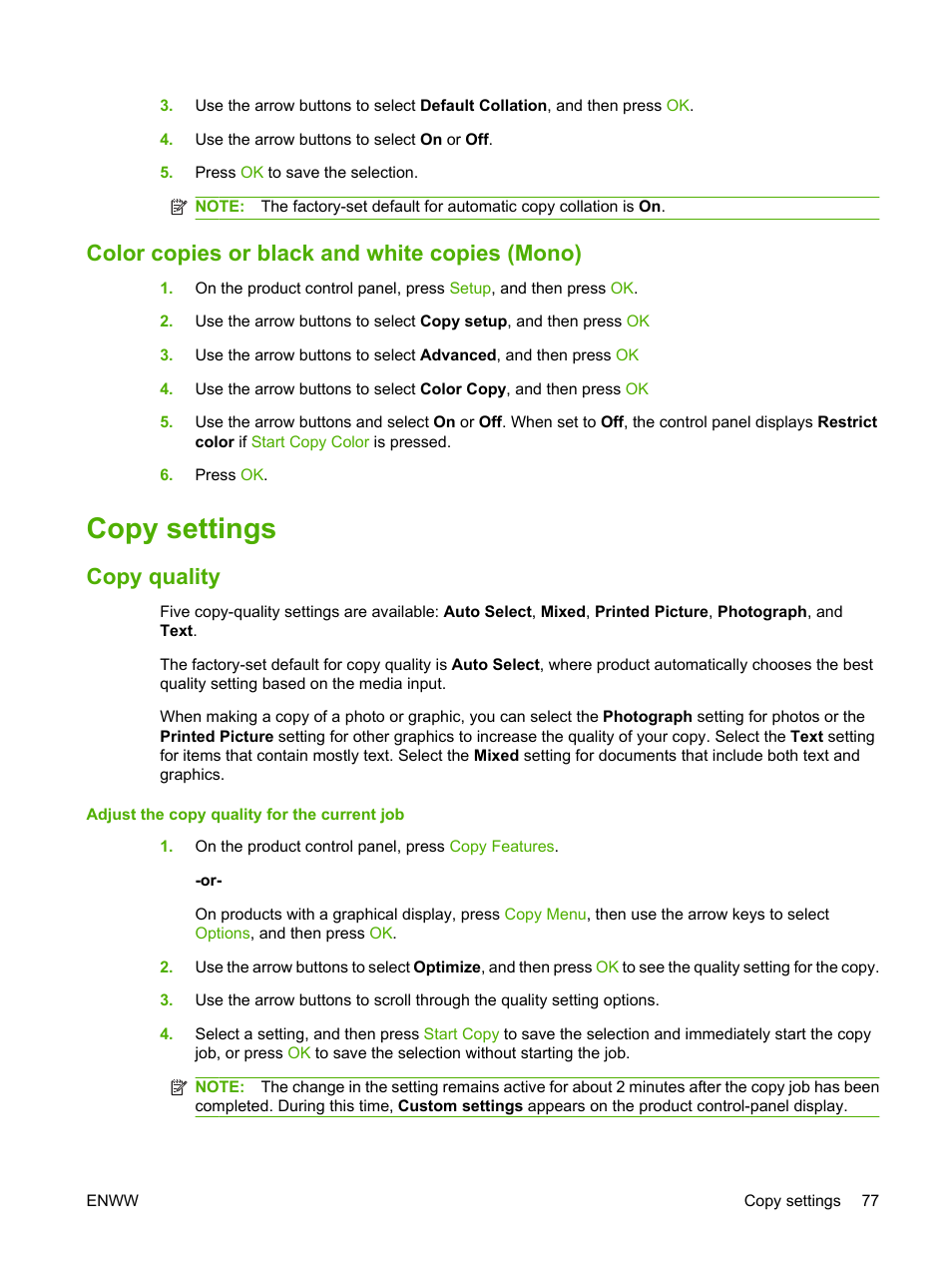 Color copies or black and white copies (mono), Copy settings, Copy quality | HP CM1312 MFP Series User Manual | Page 89 / 276