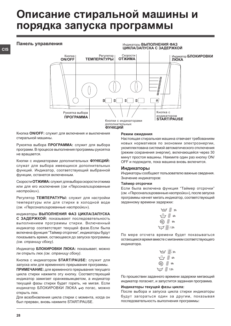 Индикаторы, Панель управления | Hotpoint Ariston ARTXL 109 User Manual | Page 28 / 72