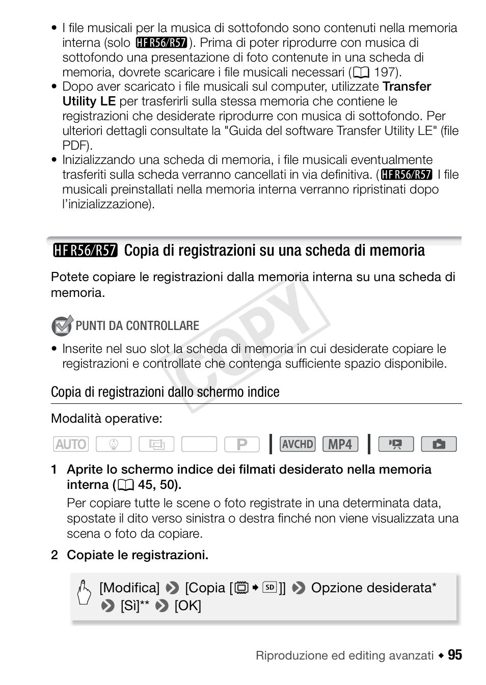 C copia di registrazioni su una scheda di memoria, Cop y | Canon LEGRIA HF R506 Manuale d'uso | Pagina 95 / 202