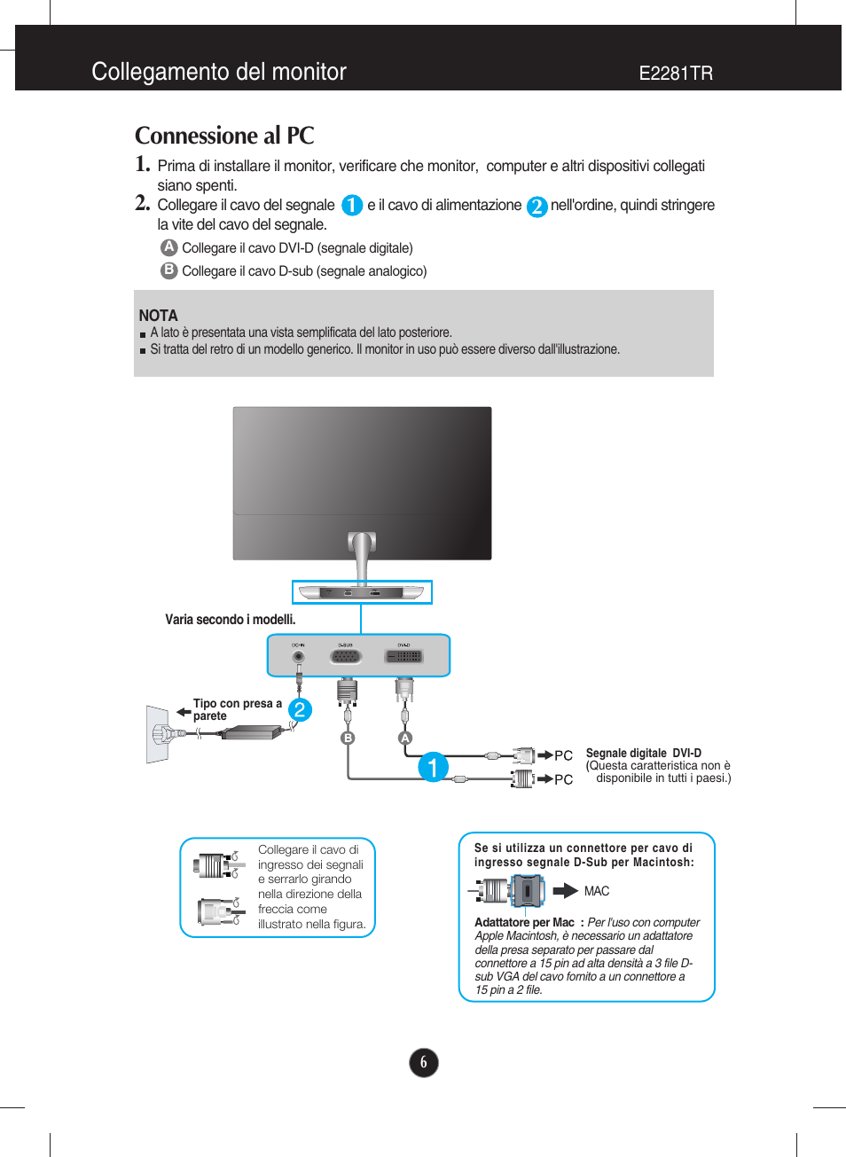 Connessione al pc, E2281tr, Collegamento del monitor | LG E2281VR Manuale d'uso | Pagina 7 / 35