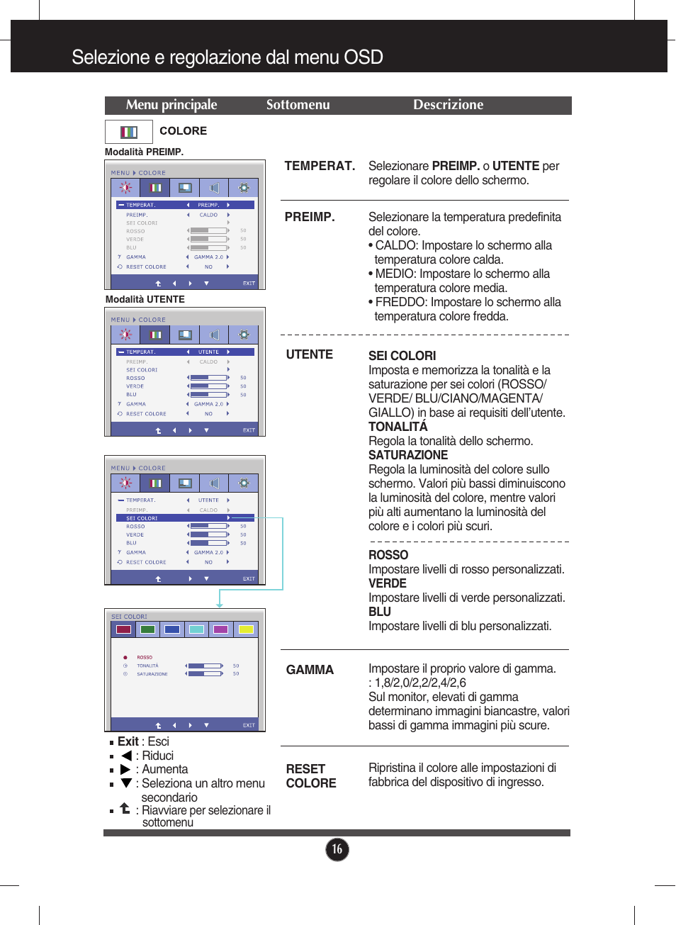 Colore, Selezione e regolazione dal menu osd | LG IPS226V-PN Manuale d'uso | Pagina 17 / 32
