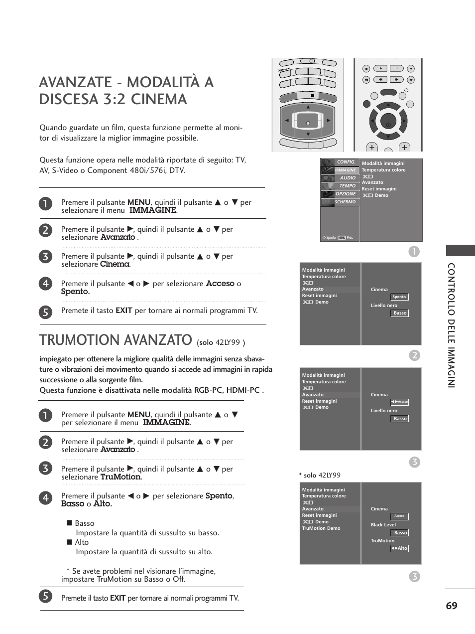 Avanzate - modalità adiscesa 3:2 cinema, Avanzate - modalità a discesa 3:2 cinema, Trumotion avanzato | Controll o delle imma gini | LG 37LF75 Manuale d'uso | Pagina 71 / 116