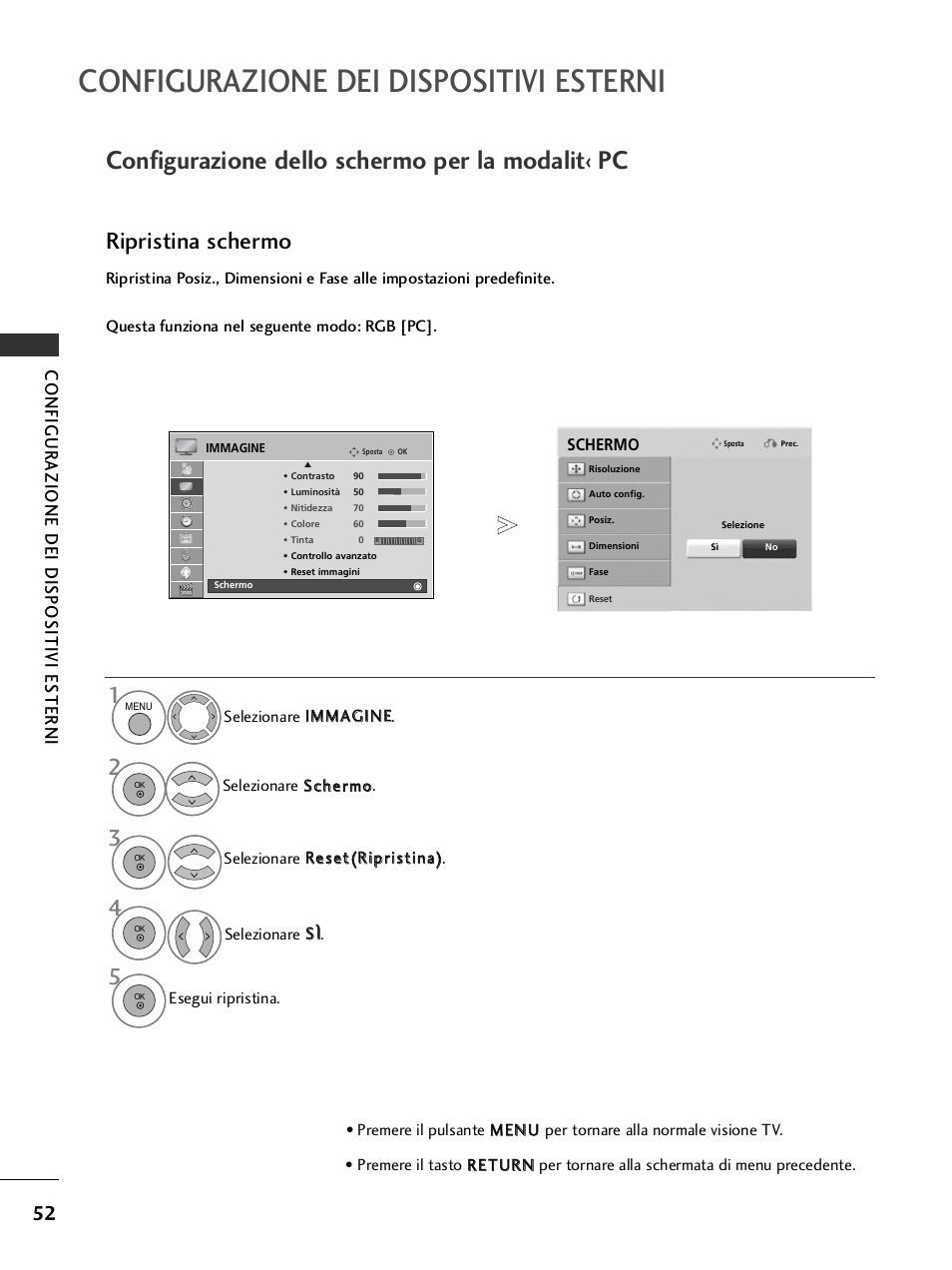 Configurazione dello schermo per la modalit‹ pc, Configurazione dei dispositivi esterni, Ripristina schermo | Configur azione dei dispositivi esterni | LG 32LH40 Manuale d'uso | Pagina 54 / 226