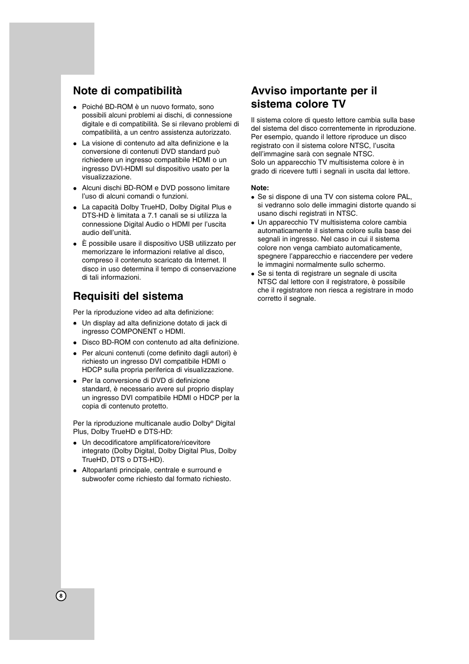 Requisiti del sistema, Avviso importante per il sistema colore tv | LG BD300 Manuale d'uso | Pagina 8 / 40