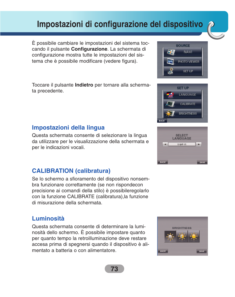 Impostazioni di configurazione del dispositivo, Impostazioni della lingua, Luminosità | Calibration (calibratura) | LG LN500 Manuale d'uso | Pagina 73 / 80