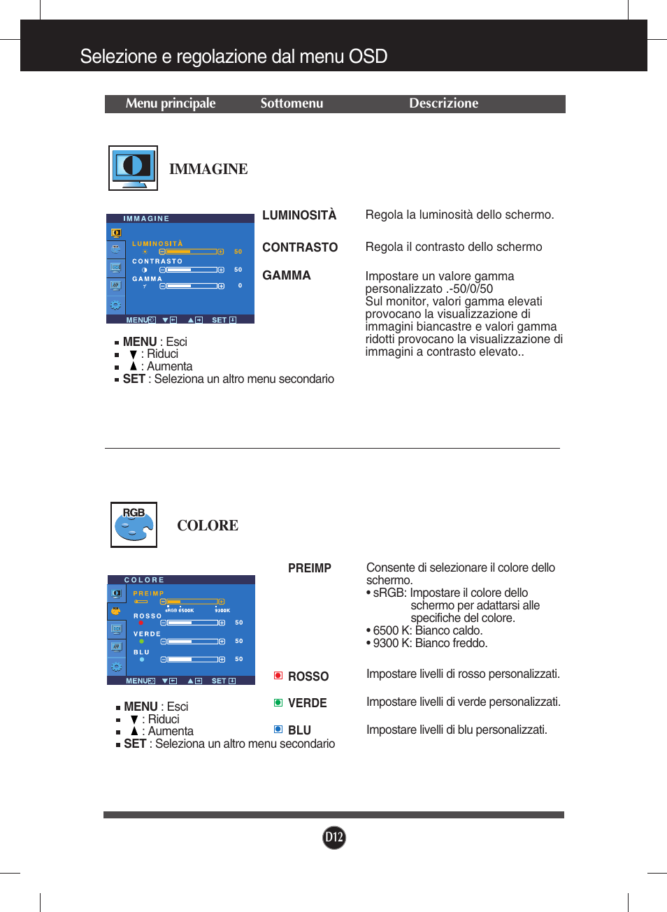 Immagine, Colore, Selezione e regolazione dal menu osd | LG W2234S-BN Manuale d'uso | Pagina 13 / 27