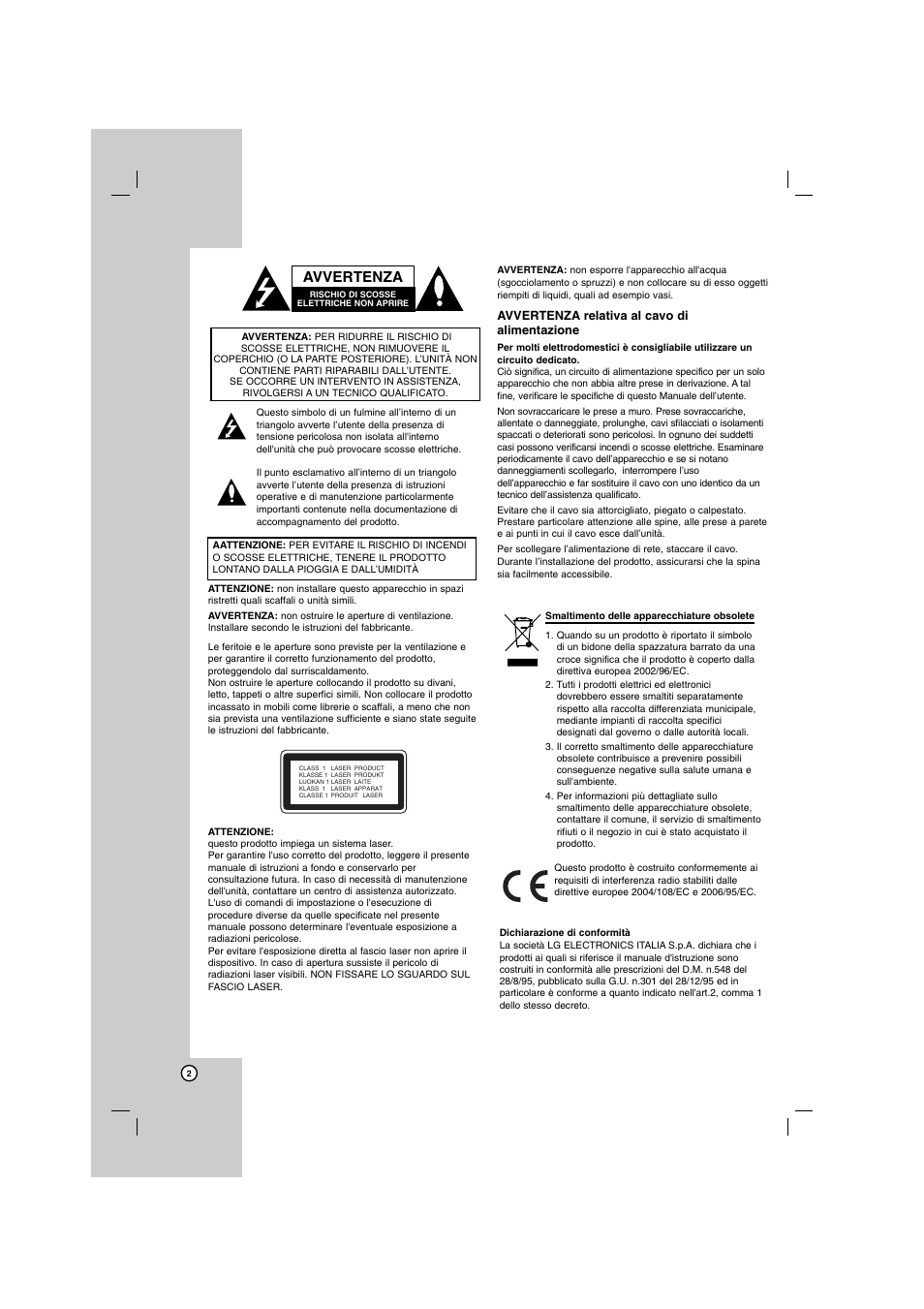 Avvertenza | LG FB162 Manuale d'uso | Pagina 2 / 26
