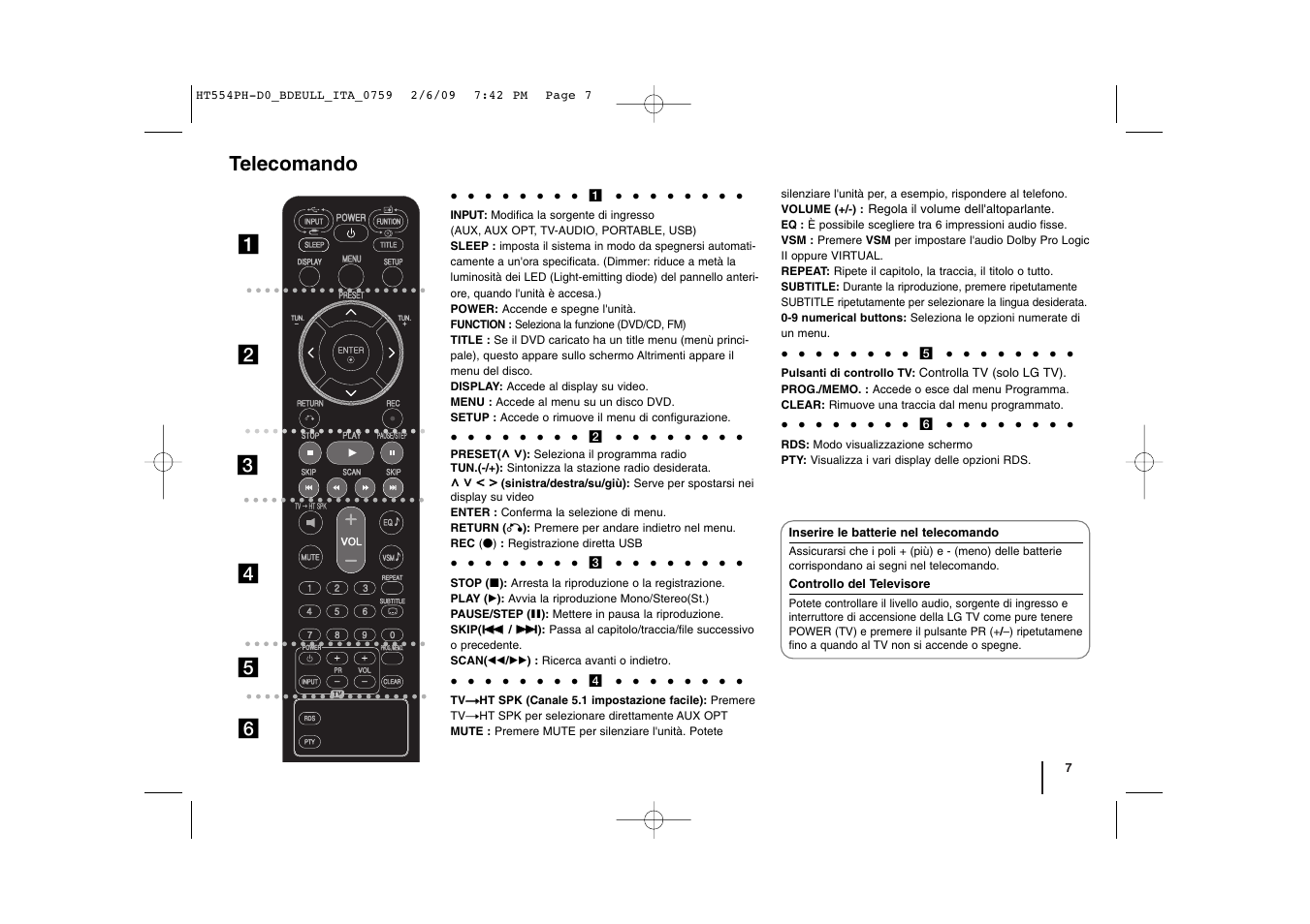 Telecomando | LG HT554TM Manuale d'uso | Pagina 7 / 22