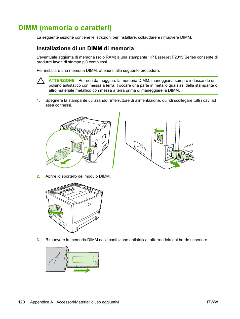 Dimm (memoria o caratteri), Installazione di un dimm di memoria | HP LaserJet P2015 Manuale d'uso | Pagina 130 / 168