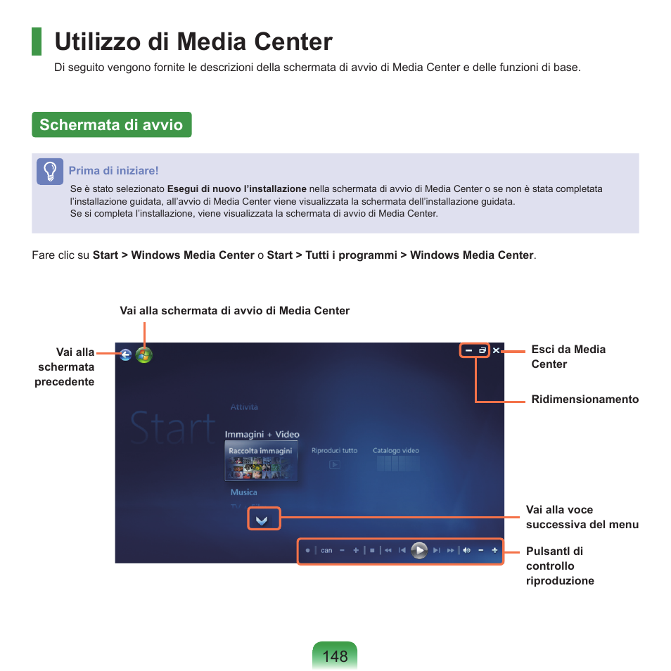 Utilizzo di media center, Schermata di avvio, 148 schermata di avvio | Samsung NP-X22 Manuale d'uso | Pagina 149 / 200