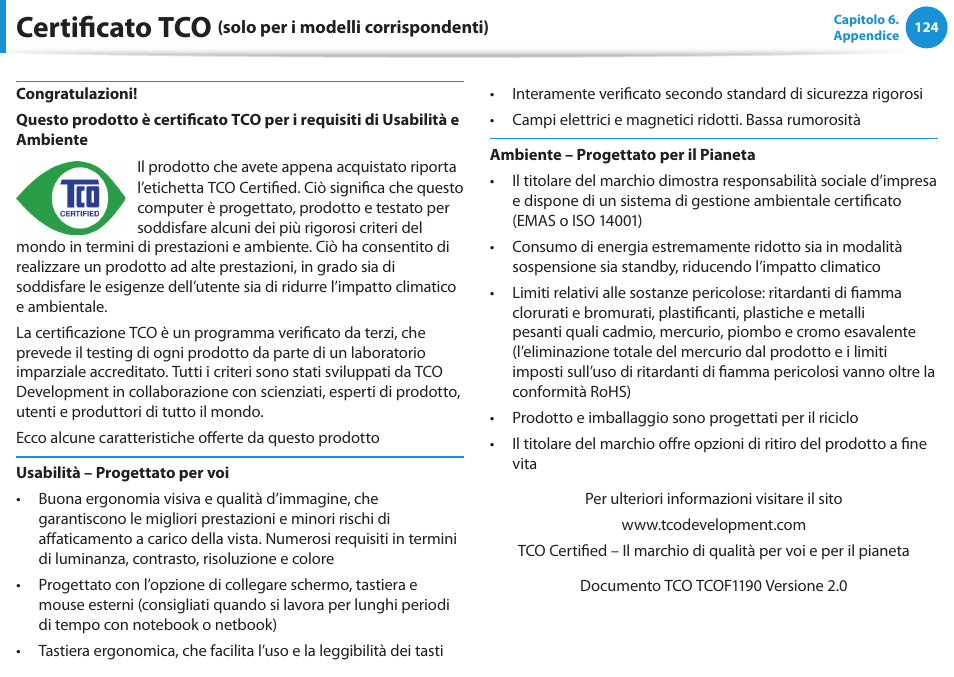 Certificato tco, Solo per i modelli corrispondenti), Félicitations | Samsung NP450R5E Manuale d'uso | Pagina 125 / 131