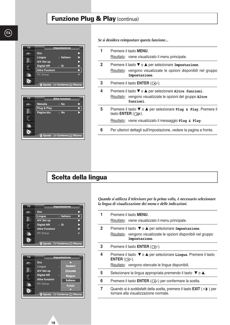 Funzione plug & play, Scelta della lingua, Continua) | Samsung PS-42D4S Manuale d'uso | Pagina 18 / 64