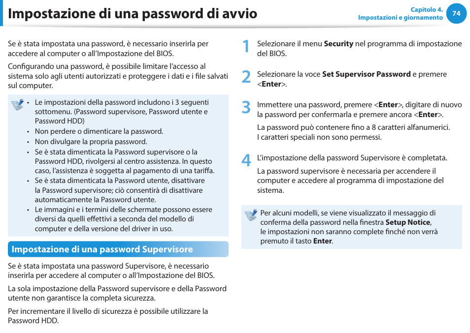Impostazione di una password di avvio | Samsung NP450R5GE Manuale d'uso | Pagina 74 / 125
