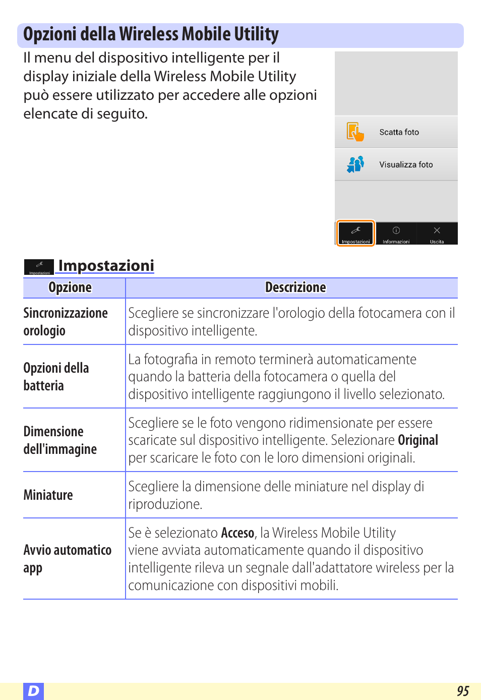 Opzioni della wireless mobile utility, Impostazioni | Nikon Wireless-Mobile-Utility Manuale d'uso | Pagina 95 / 97