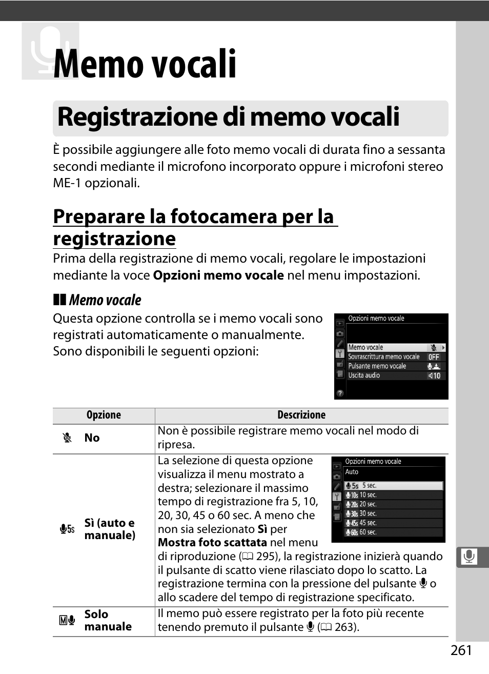 Memo vocali, Registrazione di memo vocali, Piena. i memo vocali | 0 261) vengono allega, Preparare la fotocamera per la registrazione | Nikon D4S Manuale d'uso | Pagina 283 / 500