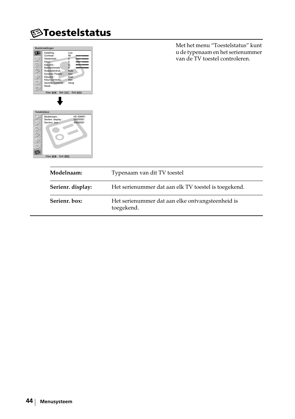 Toestelstatus | Sony KE-42MR1 Manuale d'uso | Pagina 120 / 302