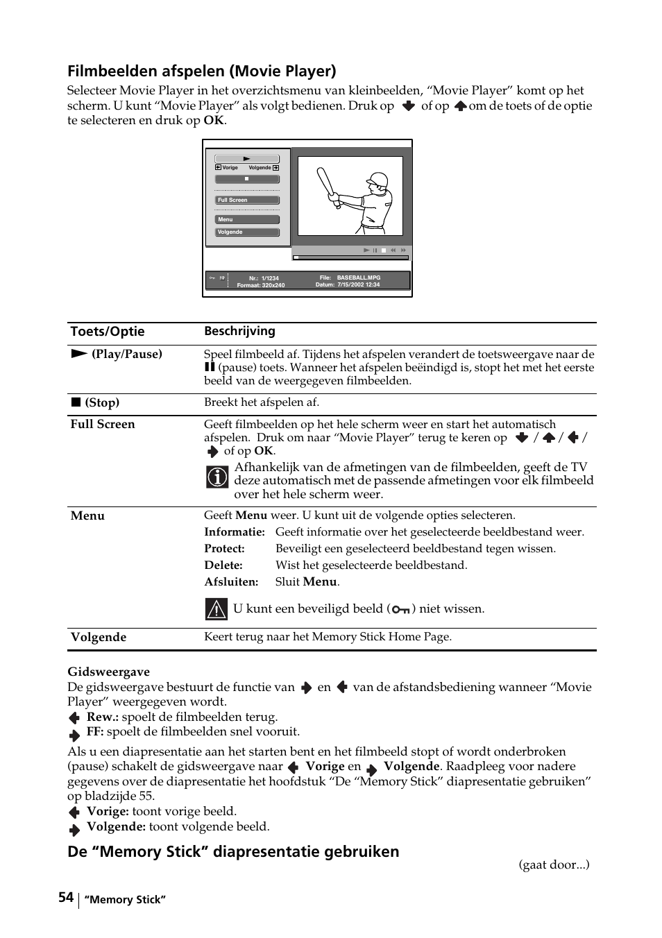 Filmbeelden afspelen (movie player) | Sony KE-42MR1 Manuale d'uso | Pagina 130 / 302
