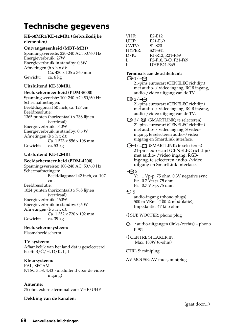 Technische gegevens | Sony KE-42MR1 Manuale d'uso | Pagina 144 / 302