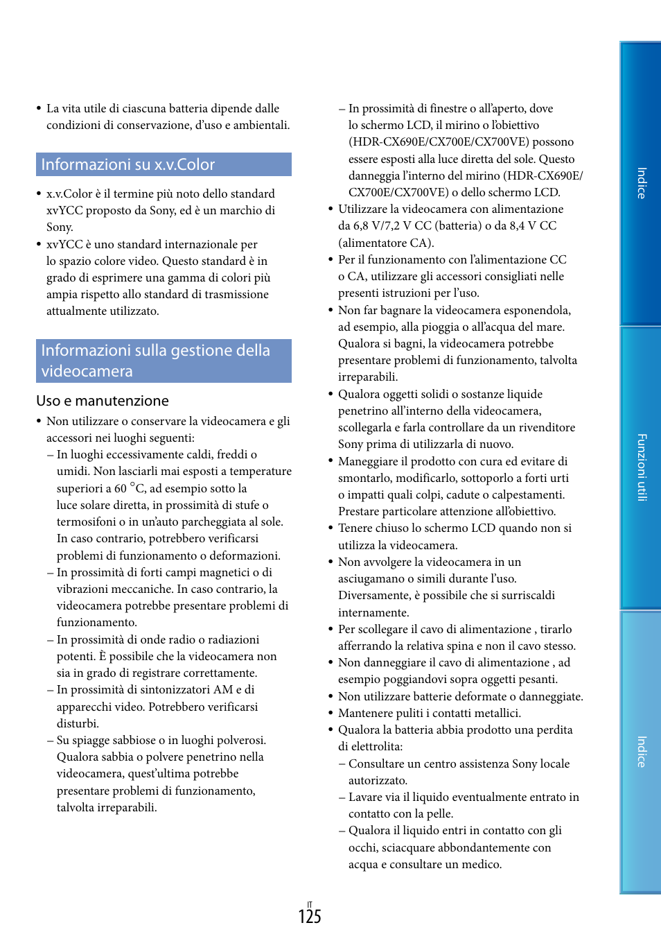 Informazioni su x.v.color, Informazioni sulla gestione della videocamera, Uso e manutenzione | Sony HDR-CX700VE Manuale d'uso | Pagina 125 / 138