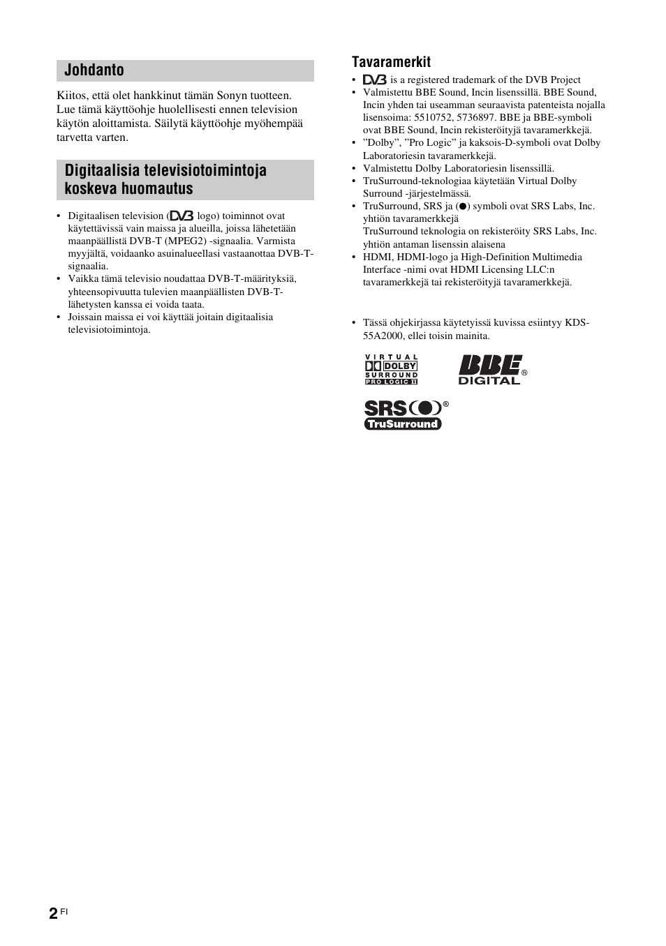 Tavaramerkit | Sony KDS-55A2000 Manuale d'uso | Pagina 58 / 232