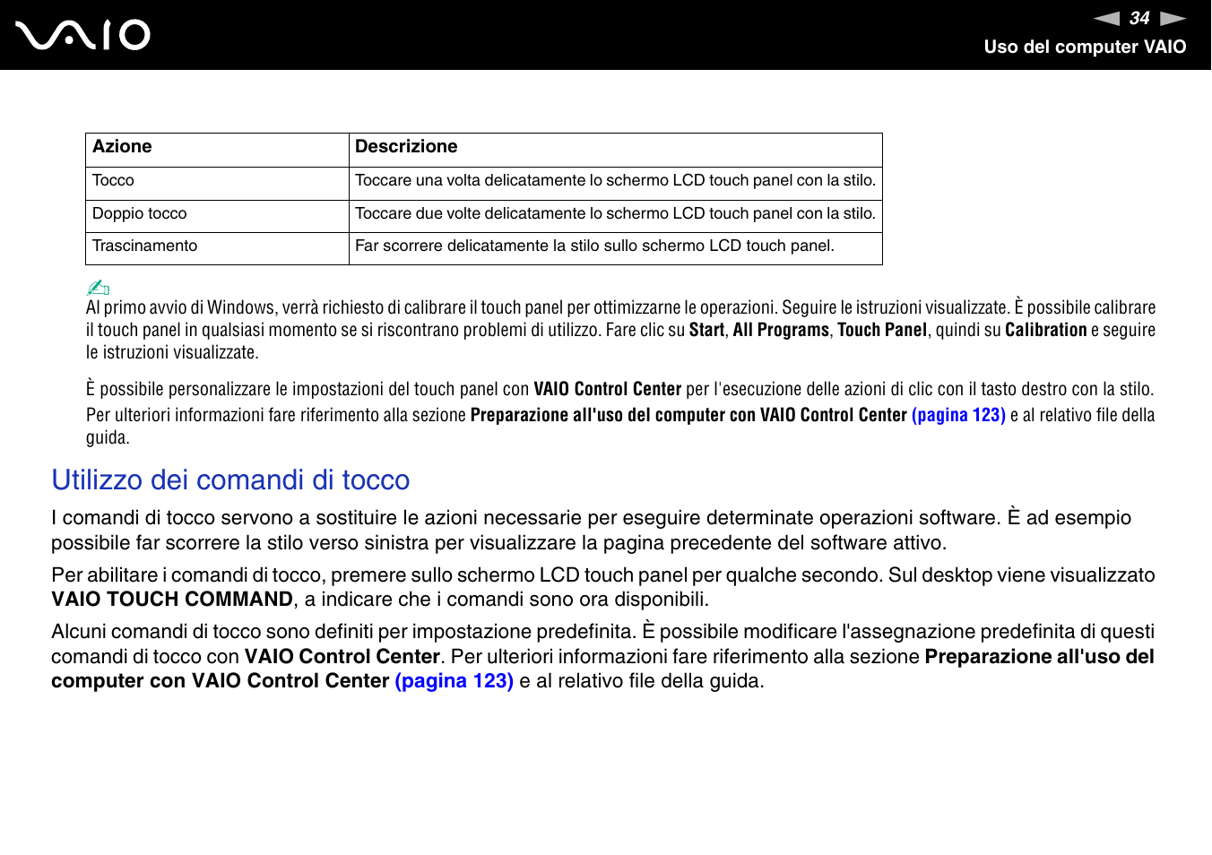 Utilizzo dei comandi di tocco | Sony VGN-UX1XN Manuale d'uso | Pagina 34 / 189