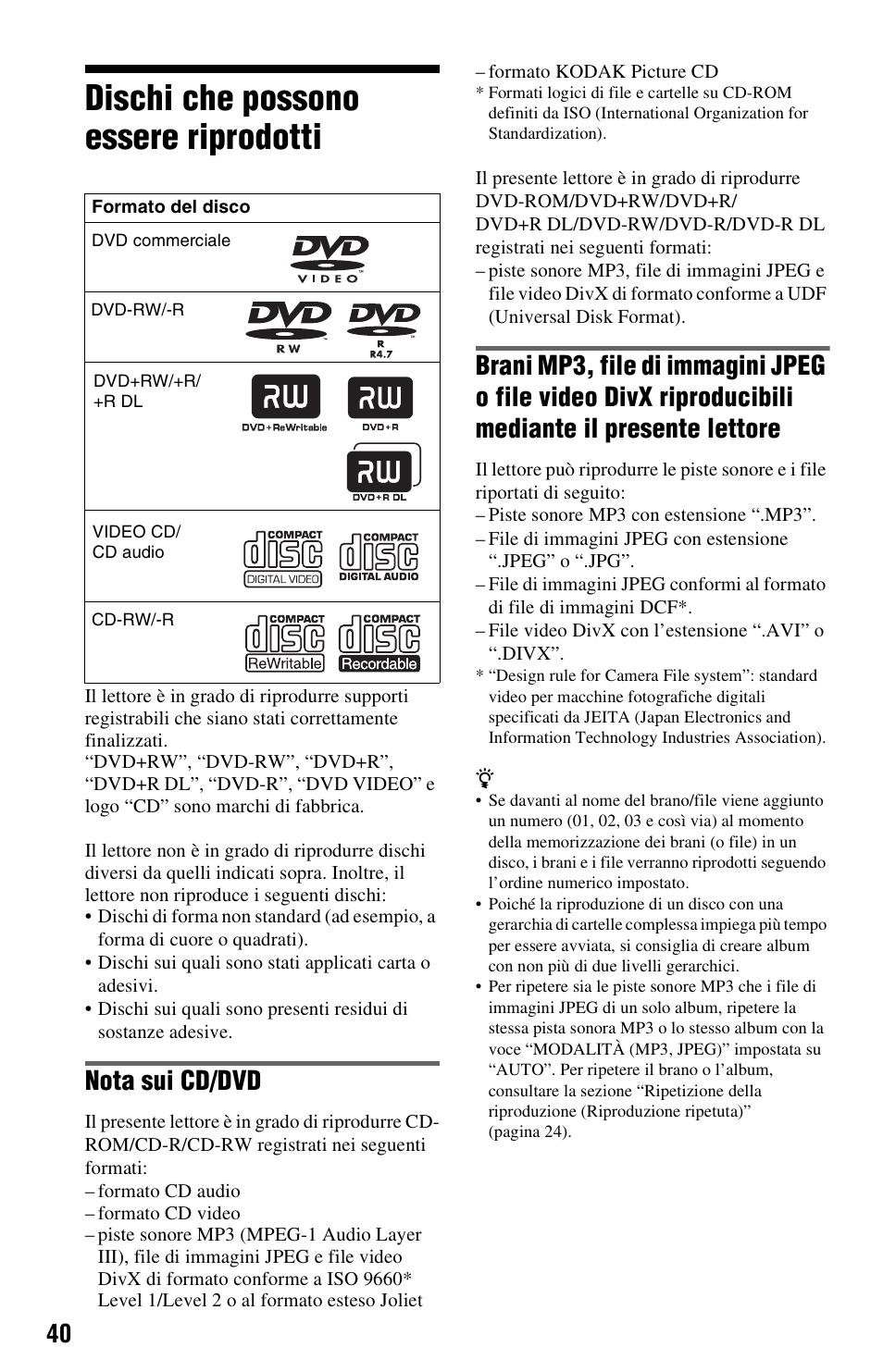 Dischi che possono essere riprodotti, Nota sui cd/dvd | Sony DVP-SR100 Manuale d'uso | Pagina 40 / 48
