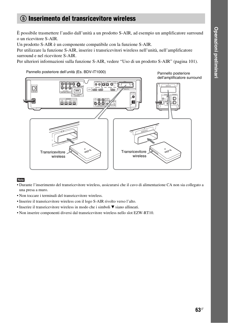 5 inserimento del transricevitore wireless, 5inserimento del transricevitore wireless, Op e raz ioni prelim ina ri | Nota | Sony BDV-IS1000 Manuale d'uso | Pagina 223 / 319