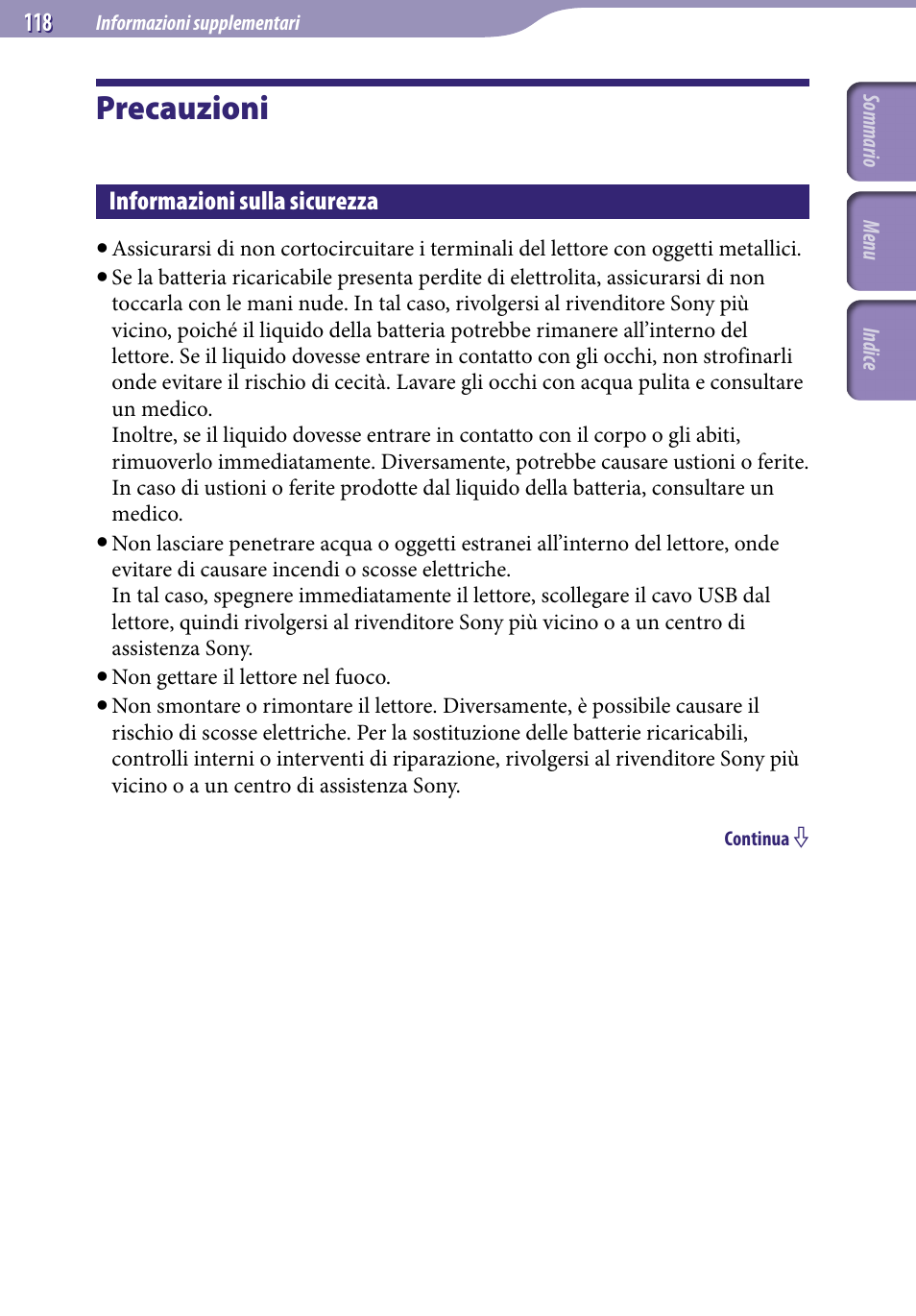 Precauzioni, Informazioni sulla sicurezza | Sony NWZ-S515 Manuale d'uso | Pagina 118 / 133