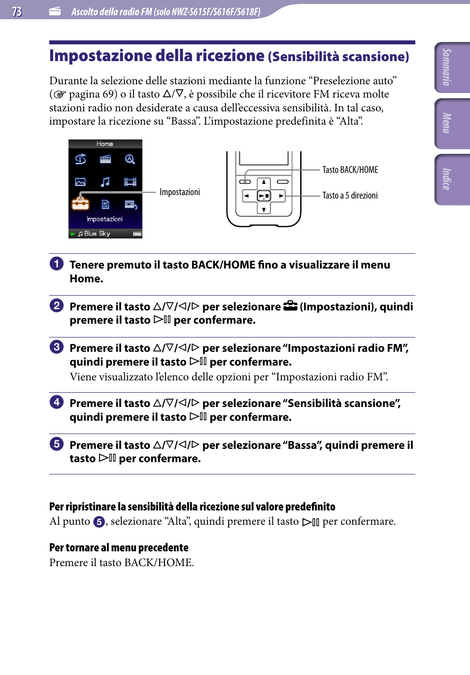 Impostazione della ricezione, Sensibilità scansione), Sensibilità scansione | Sony NWZ-S515 Manuale d'uso | Pagina 73 / 133