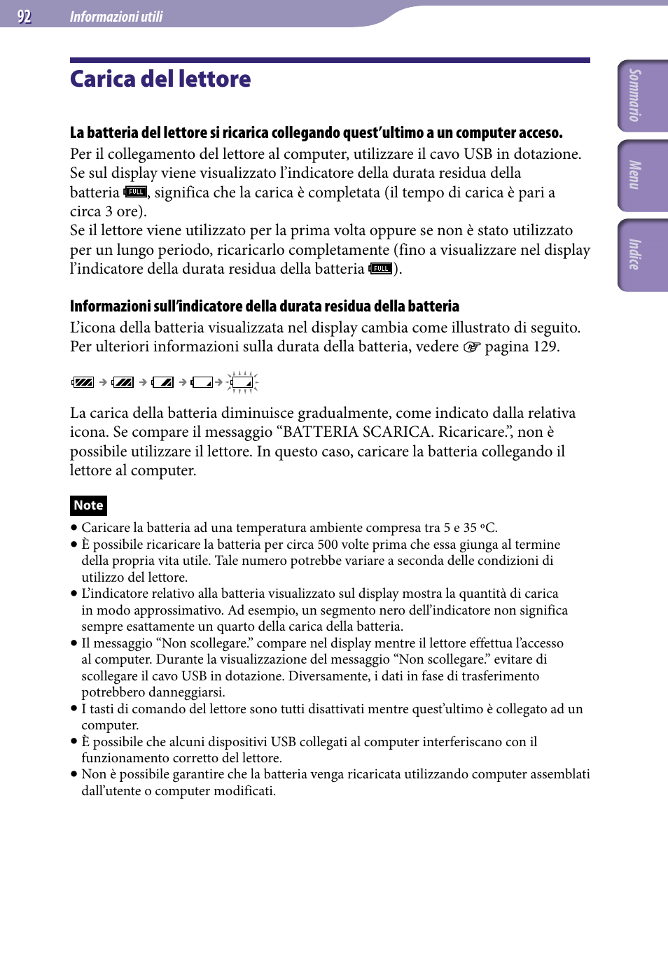 Informazioni utili, Carica del lettore | Sony NWZ-S515 Manuale d'uso | Pagina 92 / 133