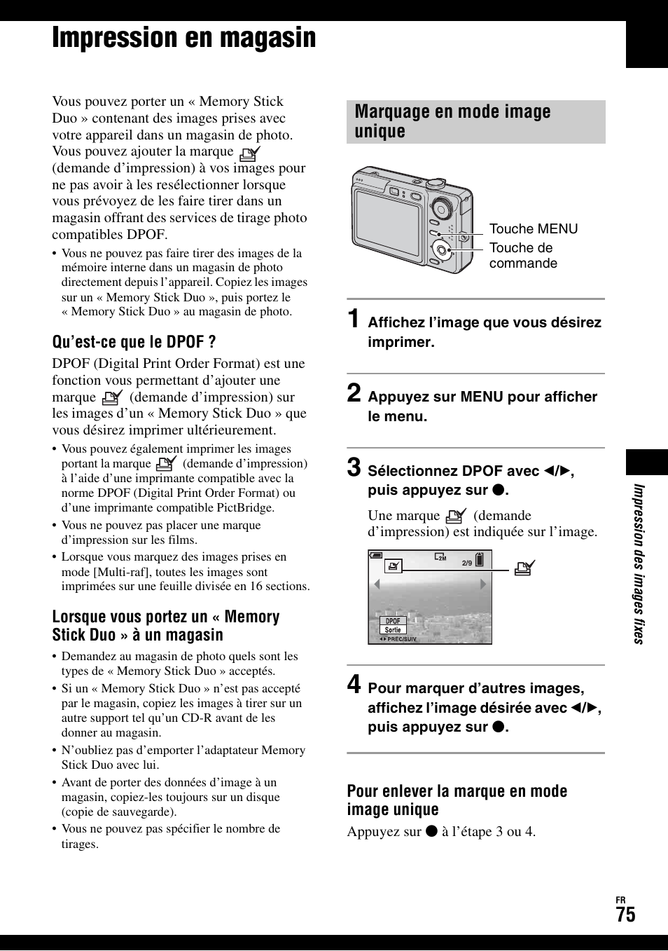 Impression en magasin, Marquage en mode image unique | Sony DSC-W50 Manuale d'uso | Pagina 75 / 215
