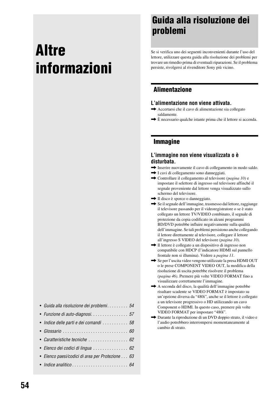 Altre informazioni, Guida alla risoluzione dei problemi, Alimentazione | Immagine | Sony BDP-S300 Manuale d'uso | Pagina 54 / 67