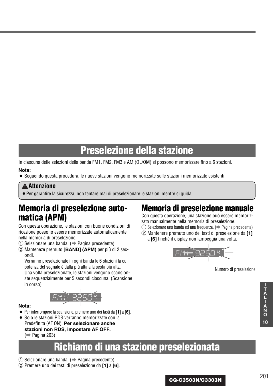 Preselezione della stazione, Richiamo di una stazione preselezionata, Attenzione | Panasonic CQC3303N Manuale d'uso | Pagina 10 / 38