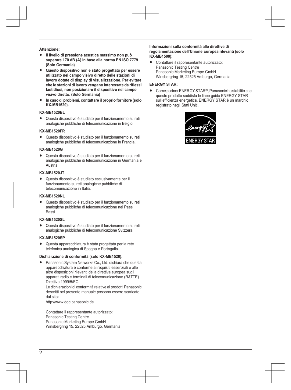 Panasonic KXMB1520JT Manuale d'uso | Pagina 2 / 8