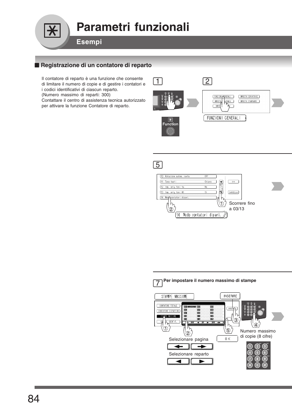 Registrazione di un contatore di reparto, Parametri funzionali | Panasonic DP8045 Manuale d'uso | Pagina 84 / 92