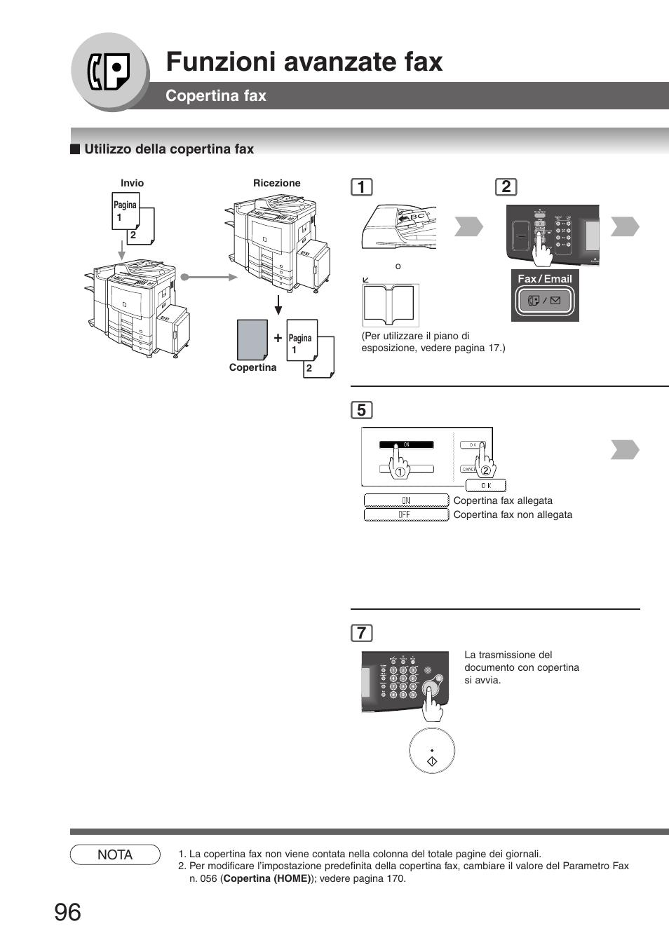 Copertina fax, Utilizzo della copertina fax, Funzioni avanzate fax | Panasonic DP8035 Manuale d'uso | Pagina 96 / 196