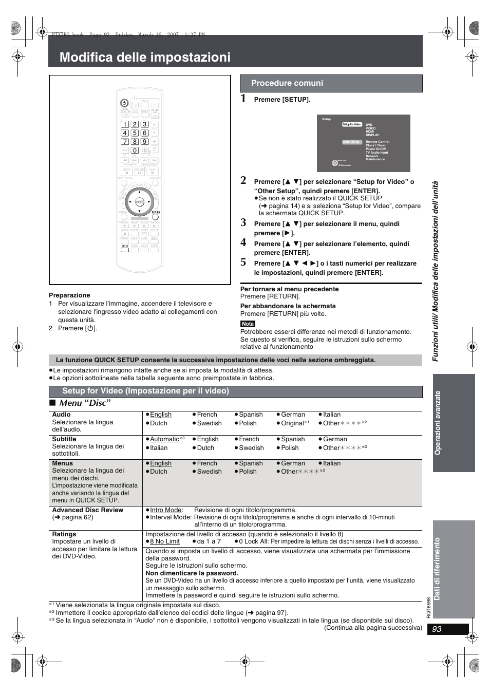 Modifica delle impostazioni, Menu “ disc, Procedure comuni | Setup for video (impostazione per il video) | Panasonic SCPTX7 Manuale d'uso | Pagina 93 / 112