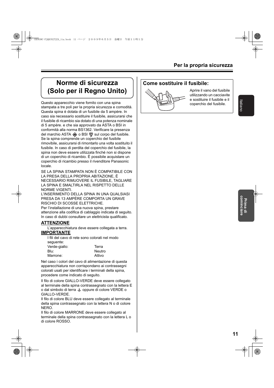 Norme di sicurezza (solo per il regno unito), Per la propria sicurezza 11, Come sostituire il fusibile | Panasonic UB5838C Manuale d'uso | Pagina 11 / 56