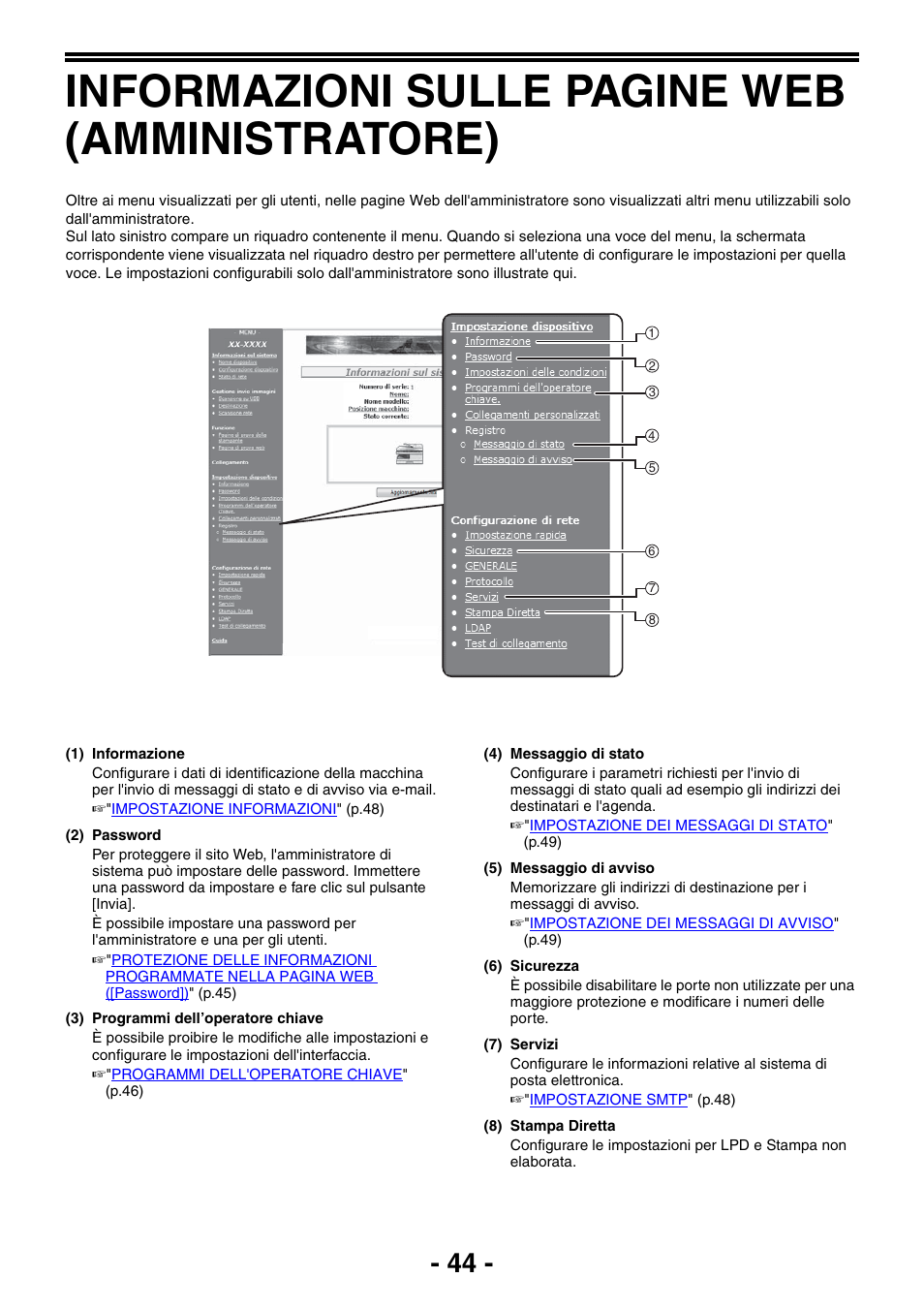 Informazioni sulle pagine web (amministratore), Informazioni sulle pagine web, Amministratore) | P.44) | Sharp MX-B201D Manuale d'uso | Pagina 44 / 80
