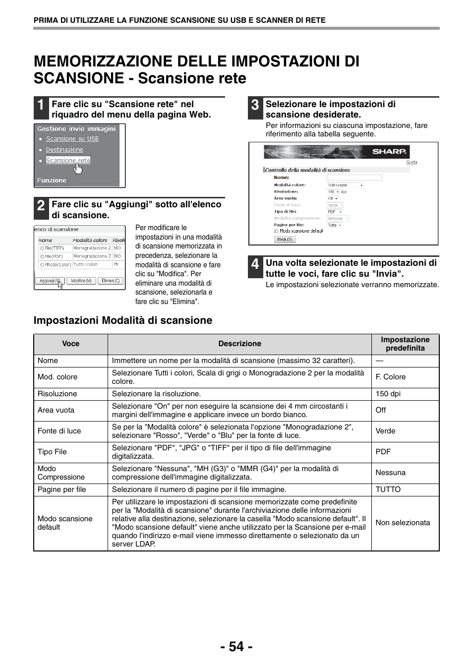 Memorizzazione delle impostazioni di, Scansione - scansione rete, P.54) | Impostazioni modalità di scansione | Sharp MX-B201D Manuale d'uso | Pagina 54 / 80
