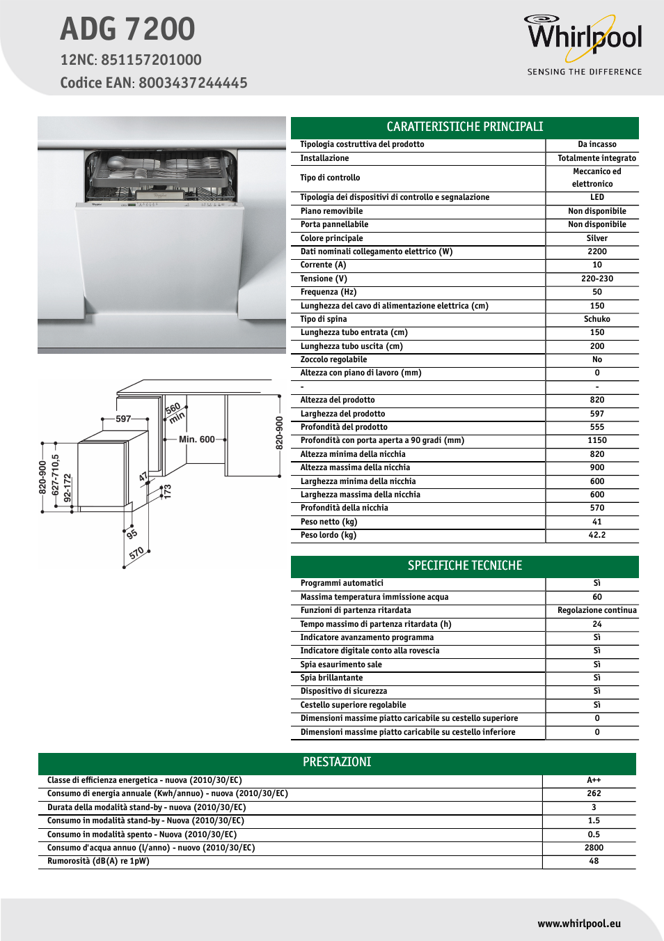 Whirlpool ADG 7200 Manuale d'uso | Pagine: 1