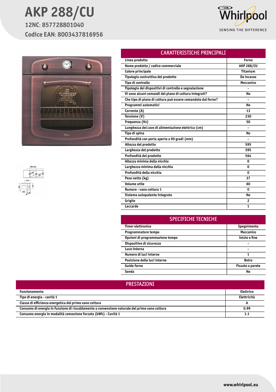 Whirlpool AKP 288-CU Manuale d'uso | Pagine: 1