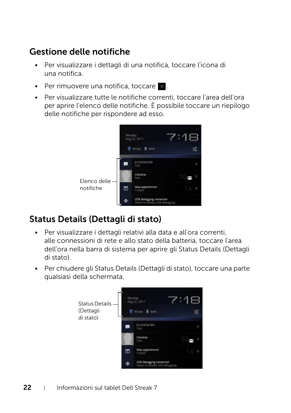 Gestione delle notifiche, Status details (dettagli di stato) | Dell Mobile Streak 7 Manuale d'uso | Pagina 22 / 151