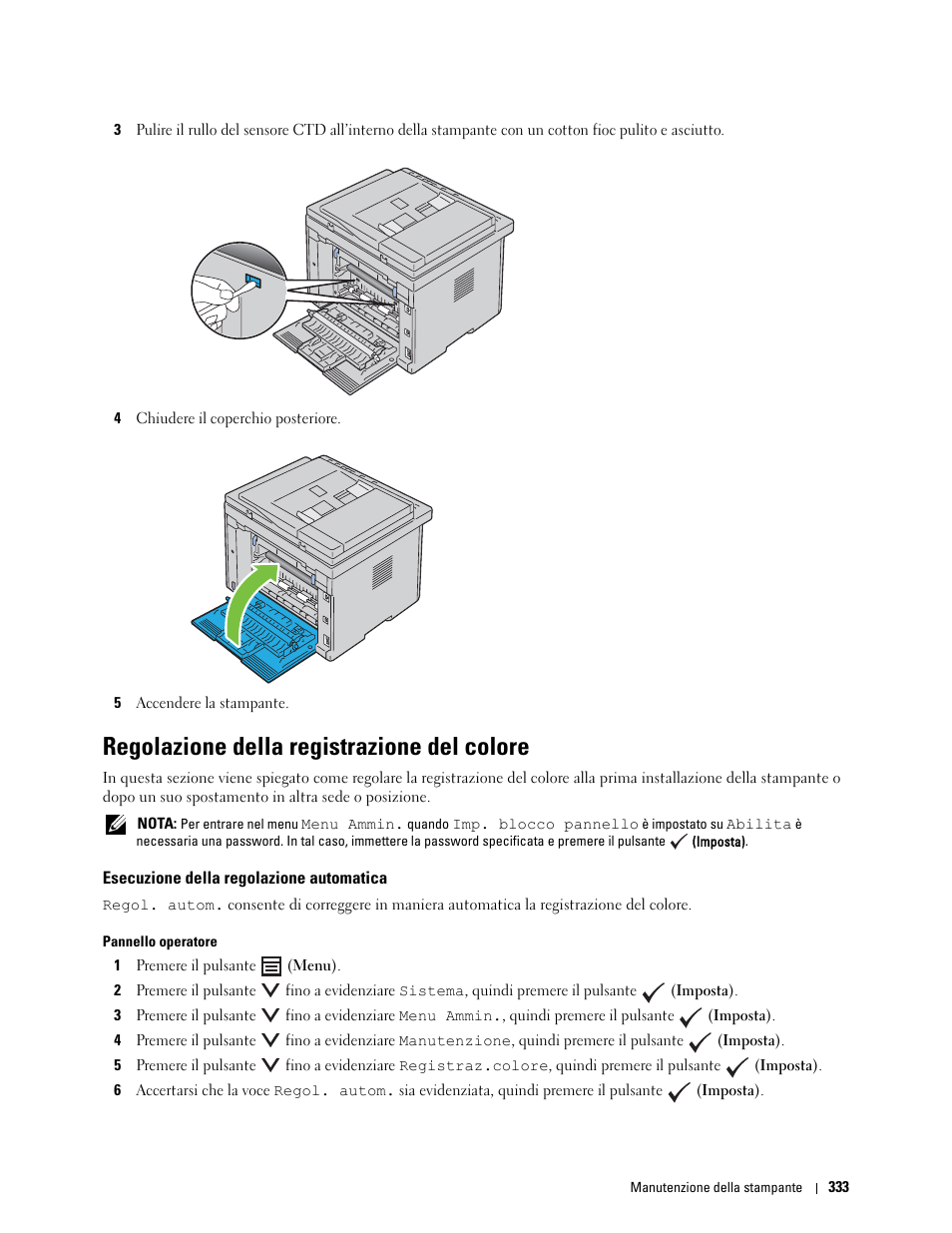 Regolazione della registrazione del colore, Esecuzione della regolazione automatica | Dell C1765NFW MFP Laser Printer Manuale d'uso | Pagina 335 / 390