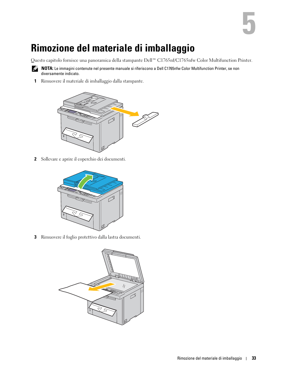 Rimozione del materiale di imballaggio, 5 rimozione del materiale di imballaggio | Dell C1765NFW MFP Laser Printer Manuale d'uso | Pagina 35 / 390