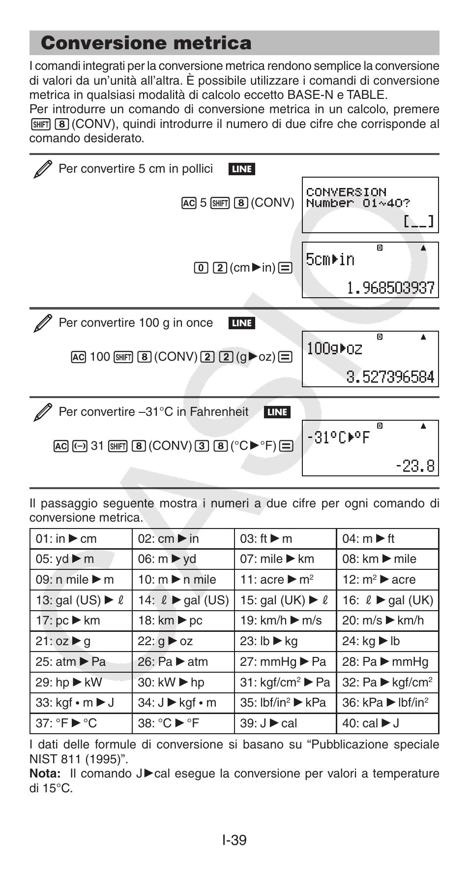 Conversione metrica, I-39, Casio fx-570ES PLUS Manuale d'uso, Pagina 40 /  48
