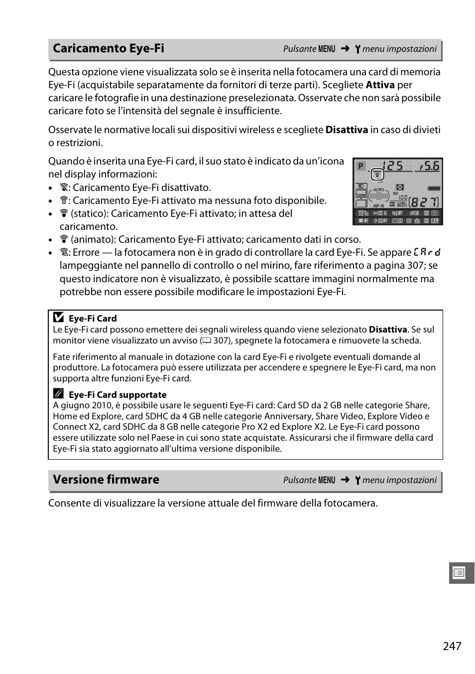 Caricamento eye-fi, Versione firmware | Nikon D7000 Manuale d'uso | Pagina 267 / 348