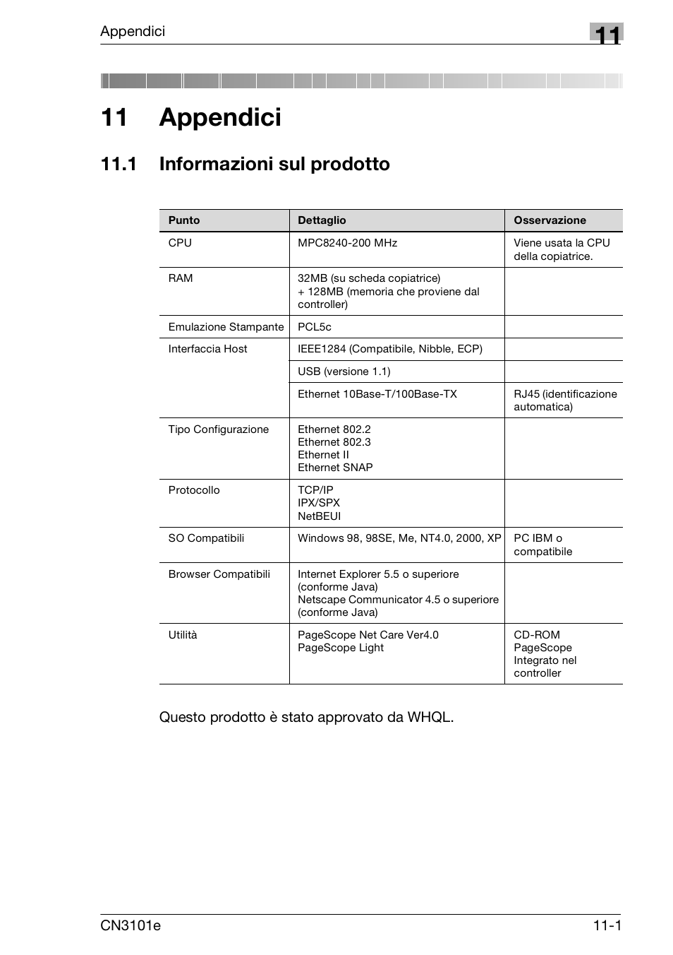 11 appendici, 1 informazioni sul prodotto, Informazioni sul prodotto -1 | Konica Minolta CN3101e Manuale d'uso | Pagina 235 / 242