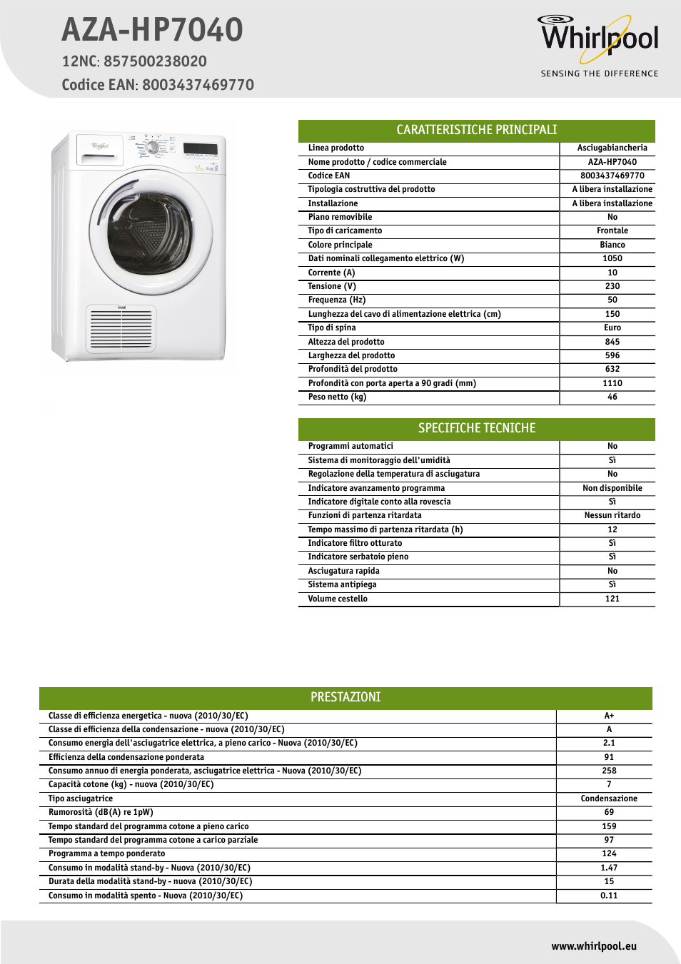 Whirlpool AZA-HP7040 Manuale d'uso | Pagine: 1