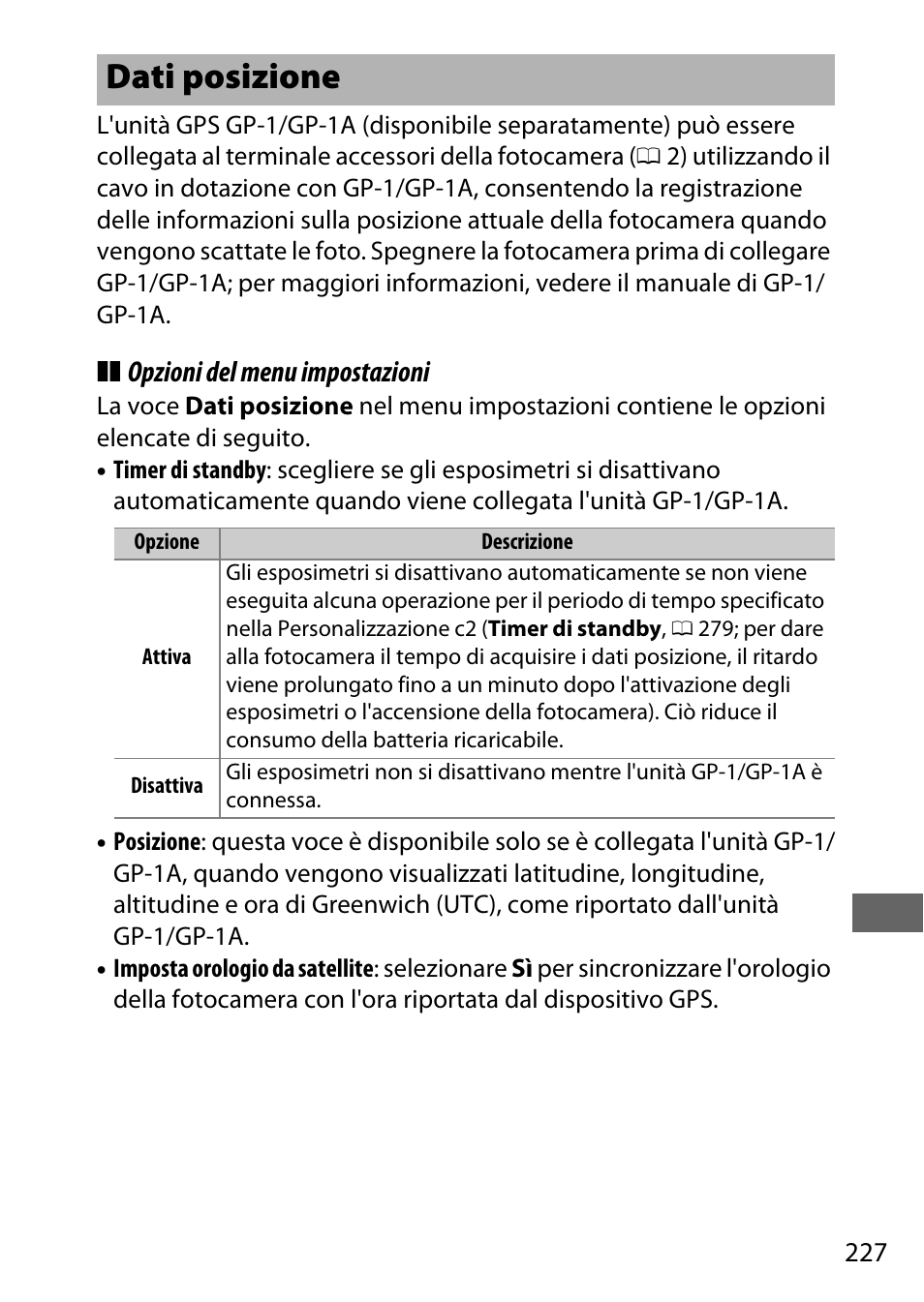 Dati posizione, Opzioni del menu impostazioni | Nikon D7200 body Manuale d'uso | Pagina 251 / 420